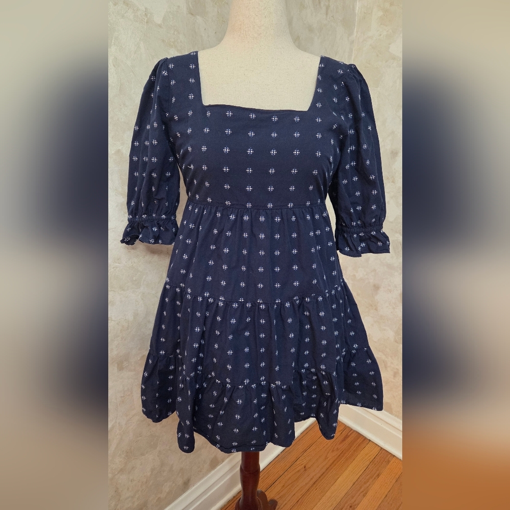 Madewell Navy Cotton Tiered Mini Dress Size 6 Square Neck Puff Sleeve - Picture 3 of 12